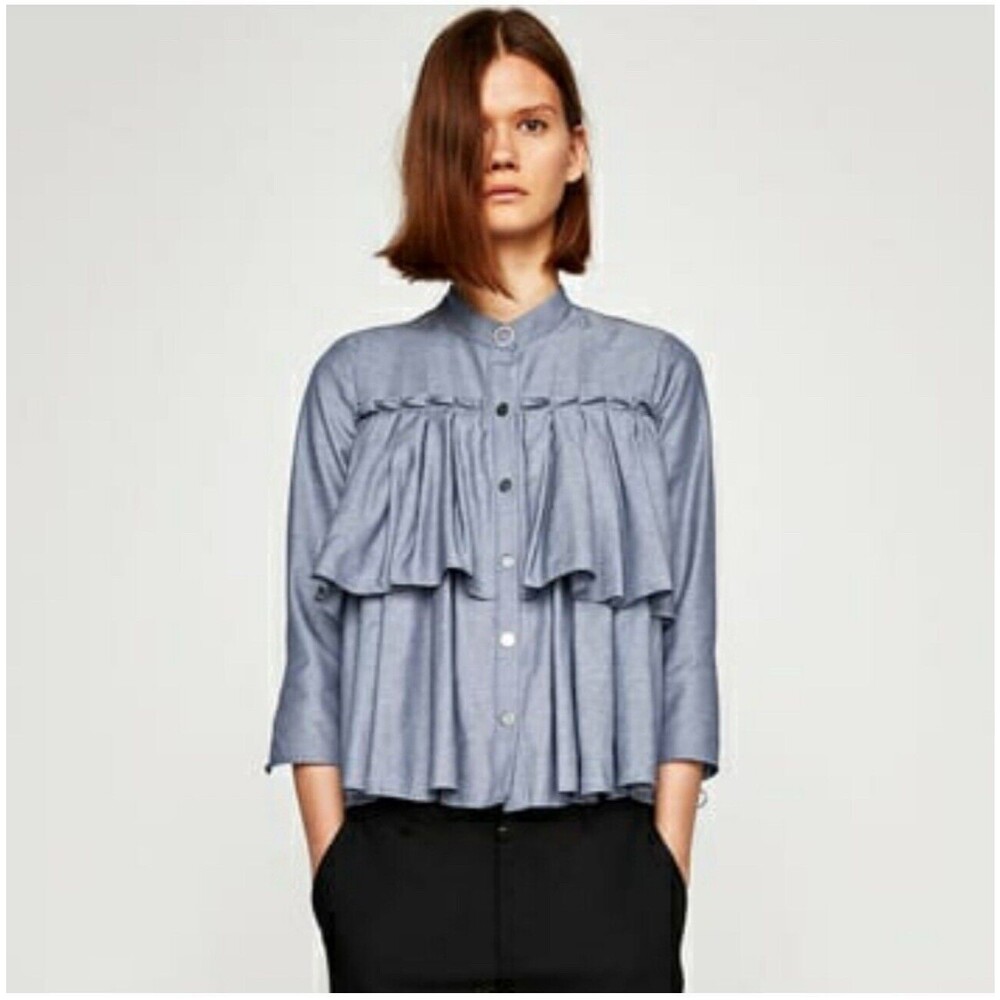 Zara Blue Ruffle Tiered Layered 3/4 Sleeve Snap Front Blouse Size S Boho